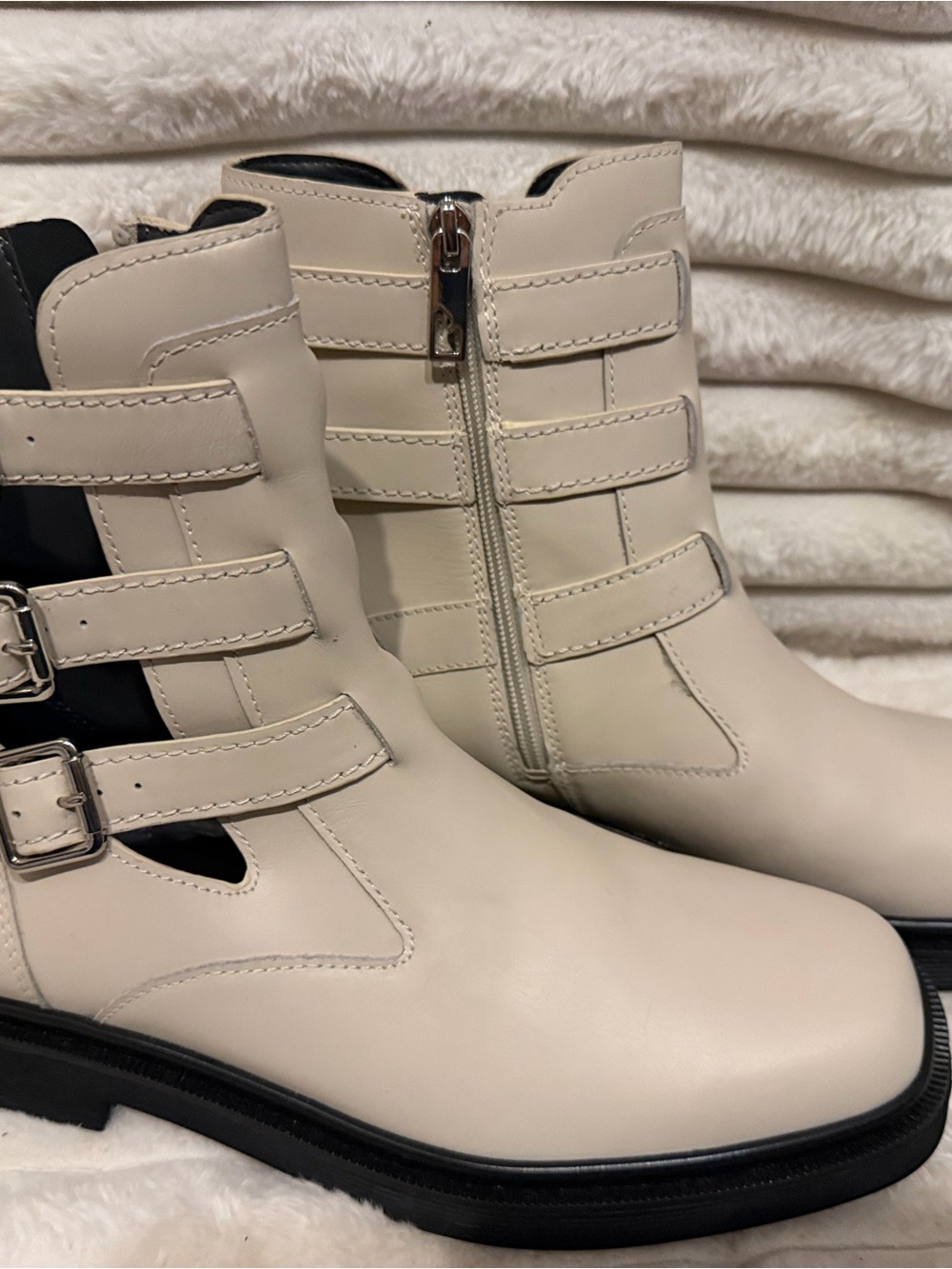 Franco Sarto Ivory Buckle Cutout Ankle Boots
